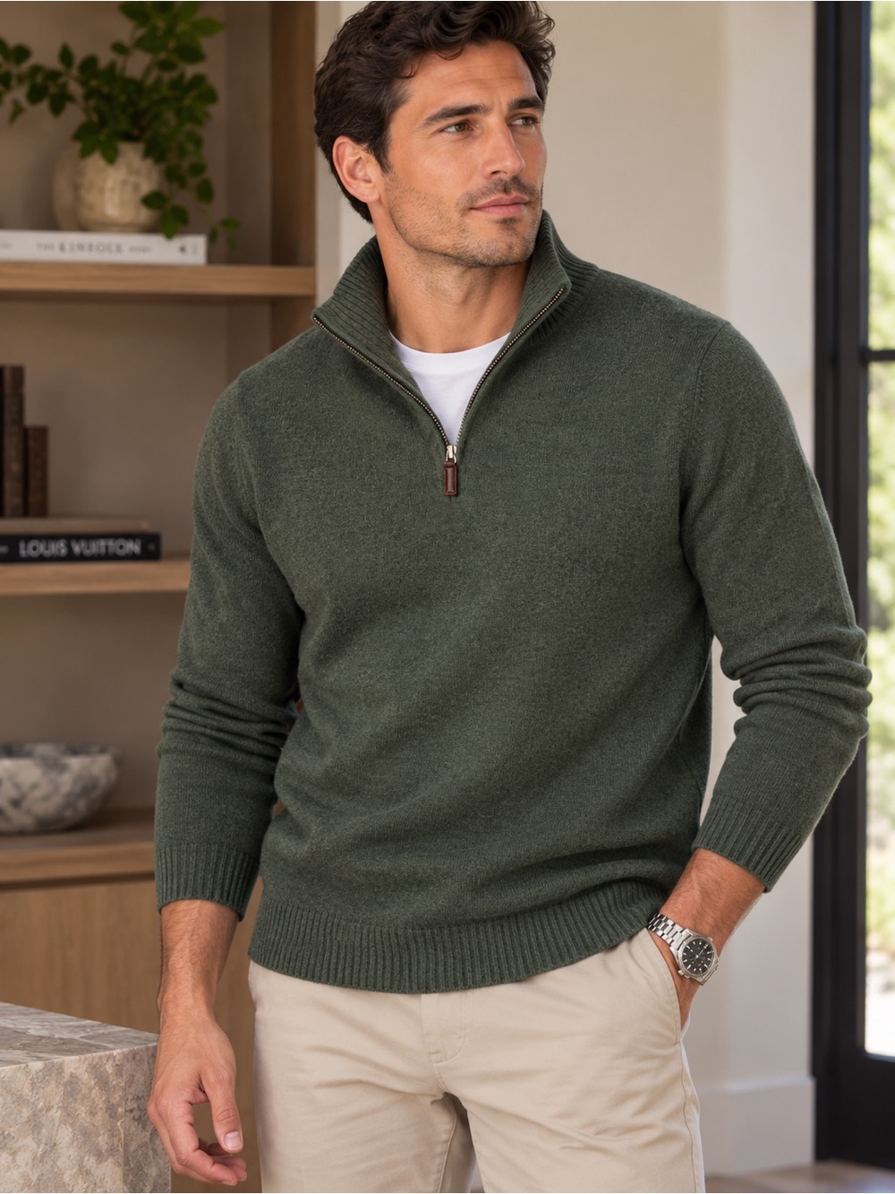 J. Crew Men’s Olive Zip-Front Mock Neck Sweater